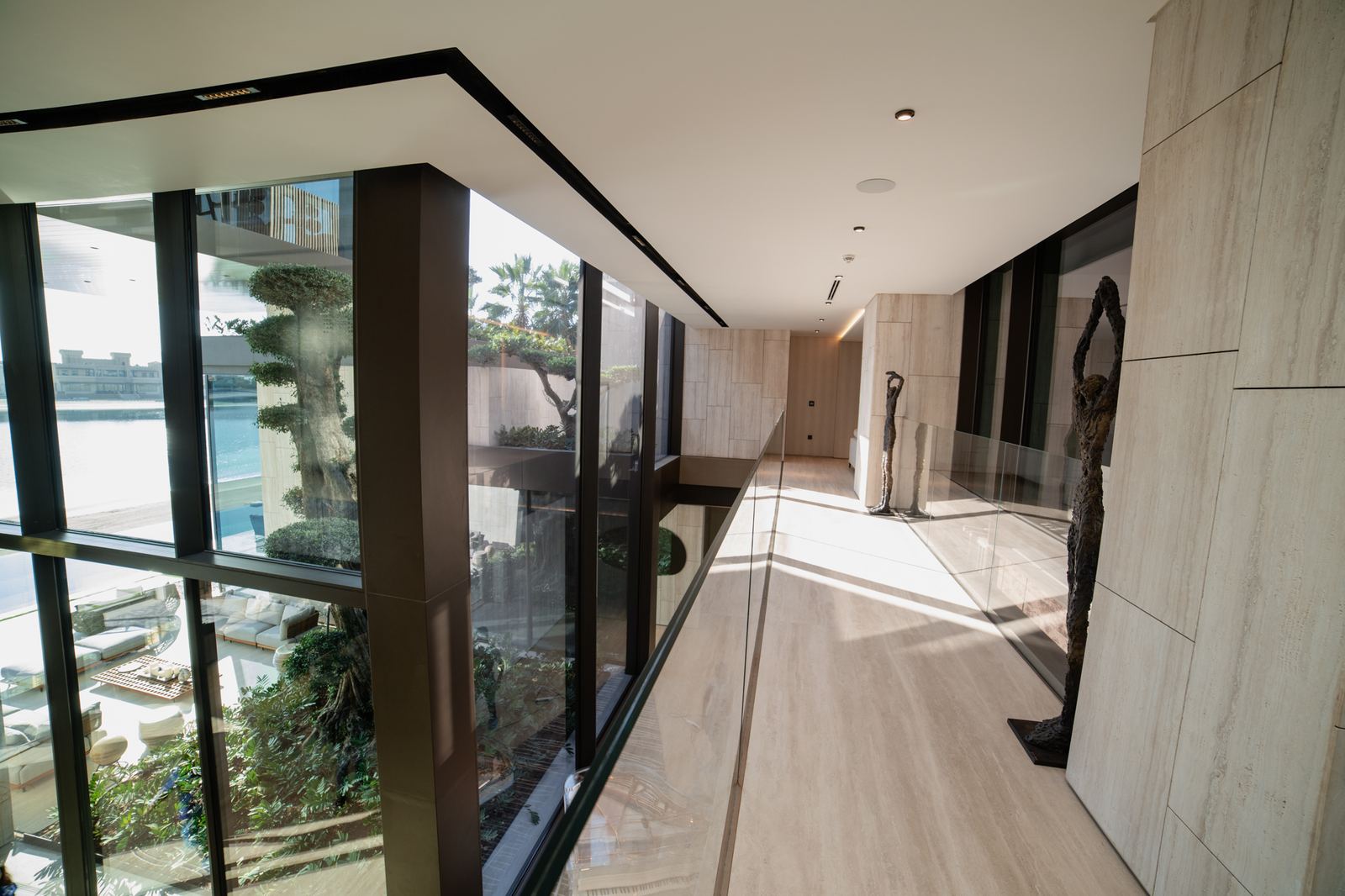 Glass-lined architectural corridor